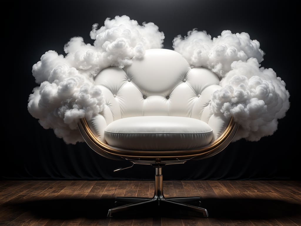 a beautiful modern chair on form of white cloud, studio shot, black background, studio light, hyper realistic, hyper detailed