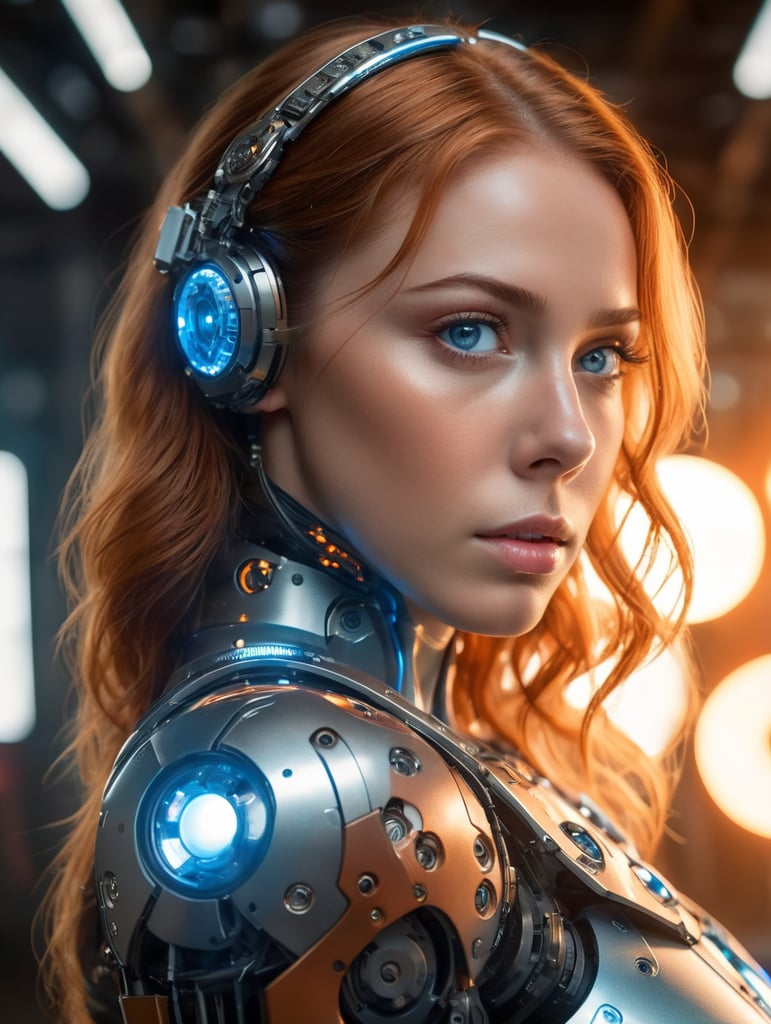film grain, high quality, warm colors, colorful, OverallDetail, volumetric lighting, backlight, rim light, 1 girl, adult woman, light blue eyes, auburn drill hair, solo, upper body, looking up, detailed background, detailed face, (glasstech, glass theme), android, biomechanical limbs, advanced technology, head tilted, sleek design, steel, nanobots, electronics, techwear, powered by fire, energy pulse, neon colors, cables in background, cinematic atmosphere,