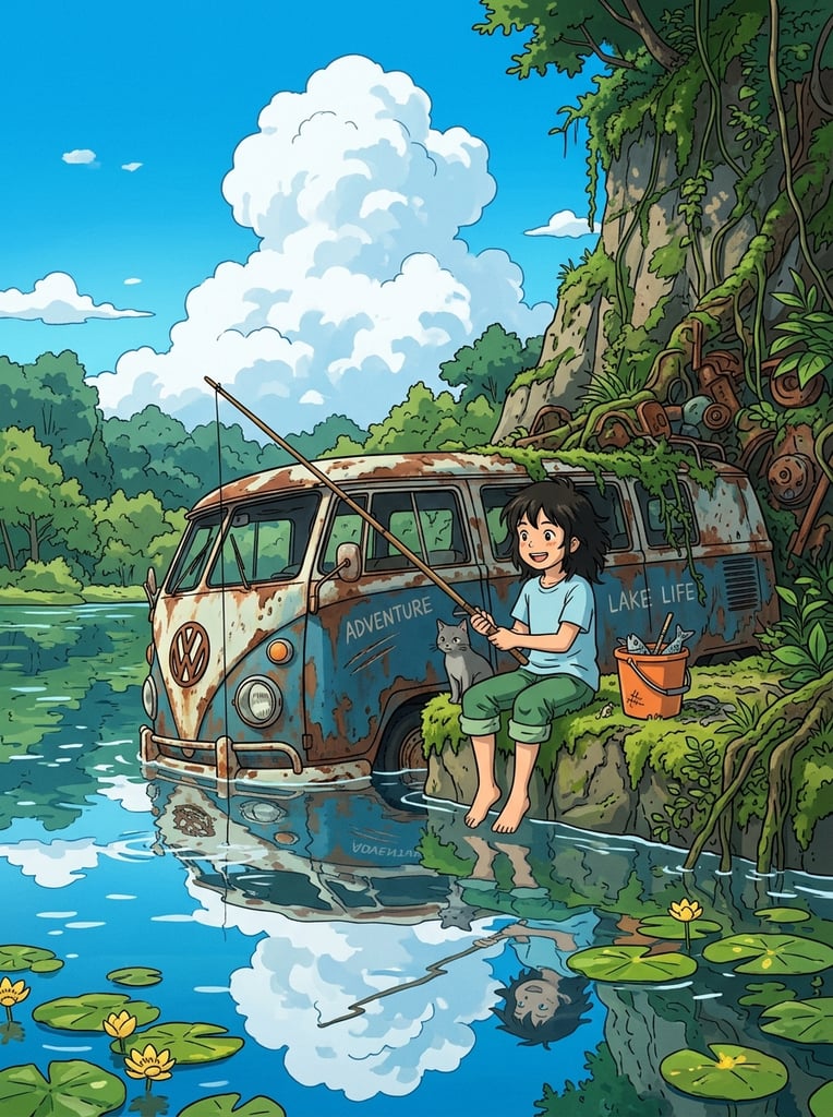 A barefoot girl fishes from a partially submerged, rusty blue and white vintage van in a vibrant lake. Wearing a light blue shirt and green shorts, she holds a long pole alongside a small gray cat and an orange bucket. The weathered vehicle is embedded into a mossy cliff face overgrown with vines and rusted mechanical parts. Green lily pads float on the calm water, perfectly reflecting a massive, fluffy white cumulus cloud and clear azure sky. Rendered as a 2D cel-shaded digital illustration, the artwork features a bright, nostalgic anime aesthetic with rich colors and crisp lighting.