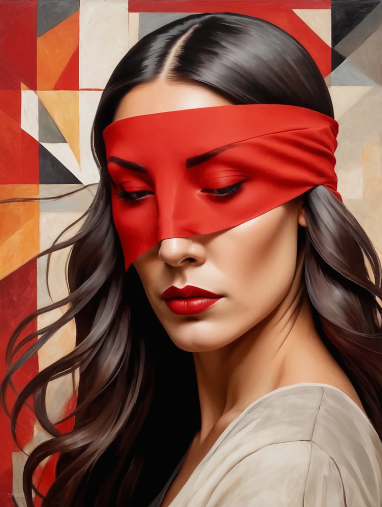 Woman Portrait Cubism Pablo Picasso Style,with blindfold and long hair, red and black hair