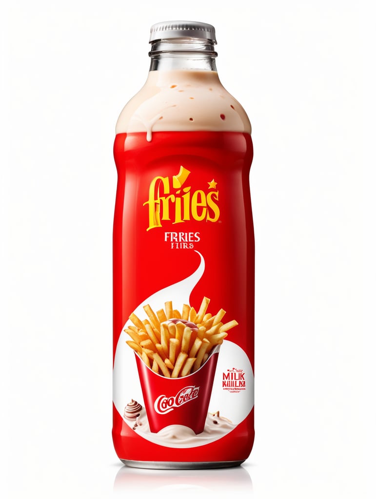 An advertisement shot of a Bottle in front of a white background. The bottle has a very dynamic branding of fries and milk blending into a milk shake texture