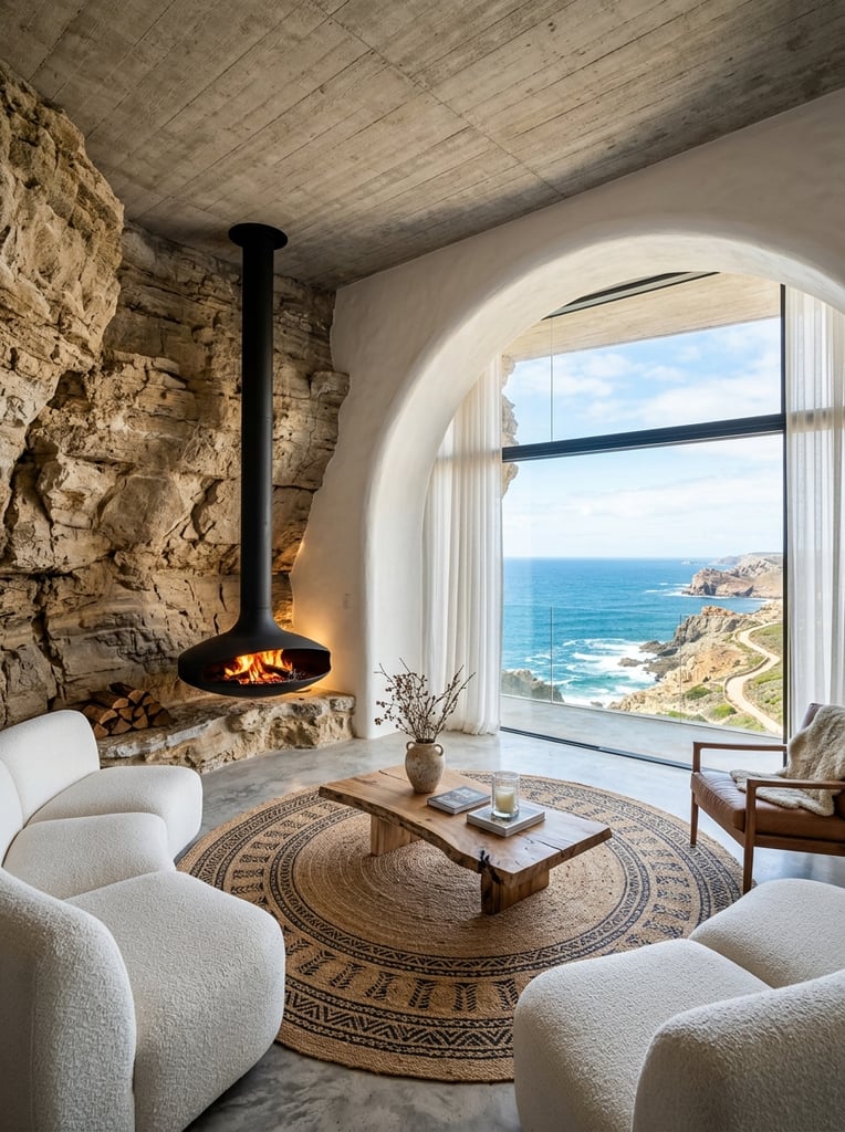 modern living room integrated into a natural sedimentary rock cave, suspended black metal teardrop fireplace with a glowing fire, plush curved white modular sofas, raw wood organic coffee table, circular woven rug with geometric patterns, rough stone walls merging into a smooth white plaster archway, raw concrete ceiling, large floor-to-ceiling window framing a blue ocean and rocky coastline, sheer white curtains, bright natural daylight, earthy neutral color palette, architectural interior photography