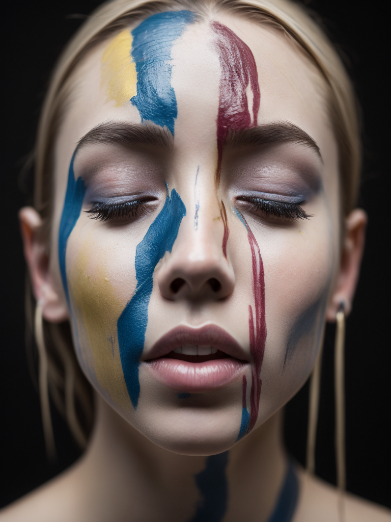 Portrait of a girl with a painted face and paint flowing from her face, closed eyes, black background