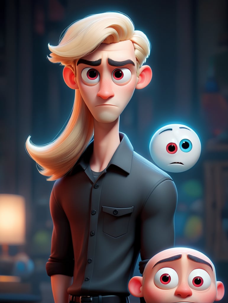 Young pale man, red eye, very long blonde straight hair