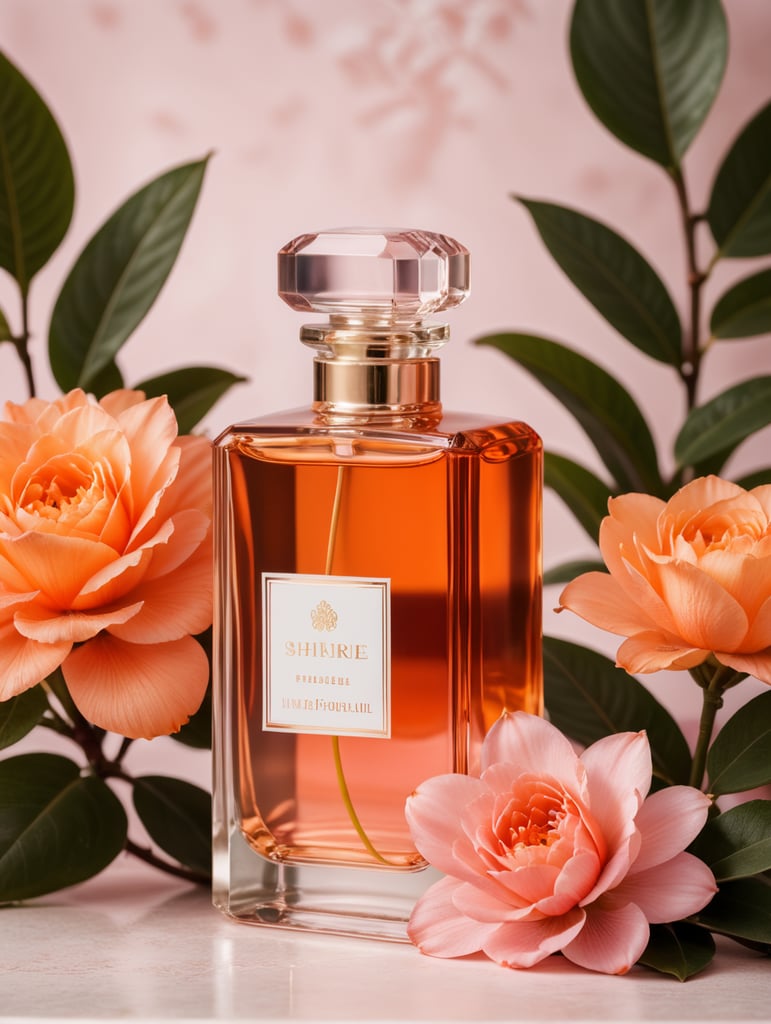 Pink and orange Floral background with modern perfume bottle with blanc white label and snake next to the bottle