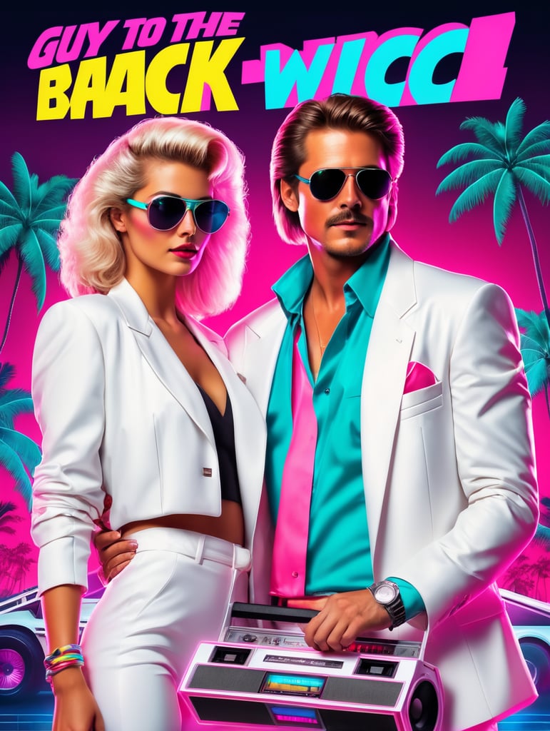 80's Back To The Future style retro party poster featuring guy and girl in white Miami vice suits, holding boom box, neon vibrant colours, synthwave, disco vibes,