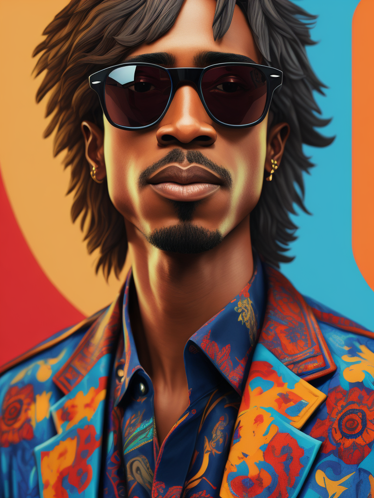 Tupac wearing a brightly patterned jacket and wayfarer glasses, Vivid saturated colors, Contrast color