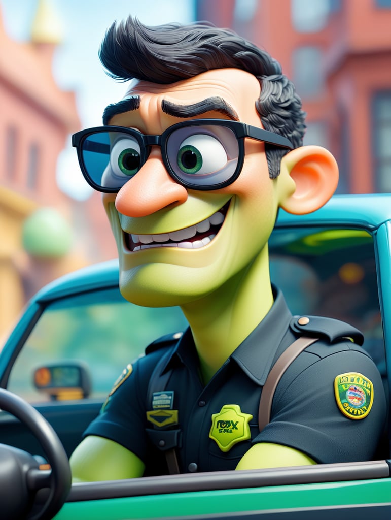 Alligator police officer, sitting behind the wheel of a taxi, close-up shot, sunglasses, clipart, stock photo