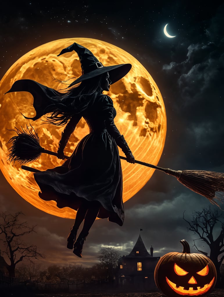 cene of pumpkins for Halloween, dramatic lighting at night, around the pumpkin, but in the night sky the silhouette of a witch flying on a broomstick, a bloody moon with the correct structure and stars. Depth of field.