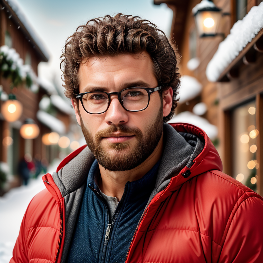 portrait of a bearded curly man wearing red puffer jacket, reeding glasses, stands front camera with gift box his hand, snowy weather, Christmas time, blurry background