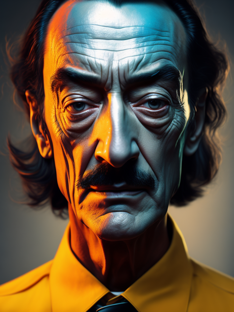 Portrait of Salvador Dali, bright and saturated colors, elegant, highly detailed, vogue, fashion magazine, sharp focus, bright expressive makeup, dramatic lighting, depth of field, incredibly high detailed, blurred background