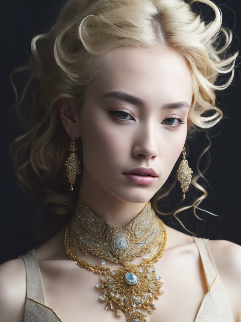 A beautiful painting featuring a young blonde woman and jewelry, in the style of zhang jingna, rinko kawauchi, baroque - inspired details, dark gold and light blue, fanciful, dreamlike imagery, hyper - realistic details, enchanting realms