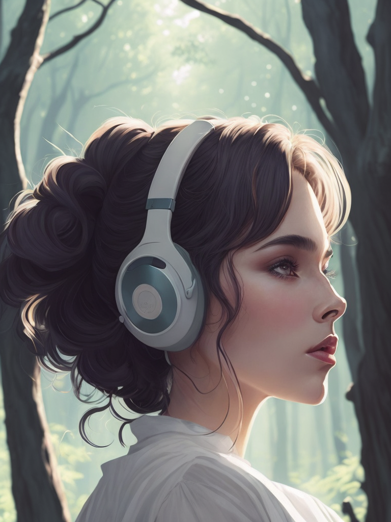 Beautiful girl listening to relaxing music with her headphones that takes her to a surreal forest, art by ilya kuvshinov and wlop, intricate, sharp focus, trending on artstation