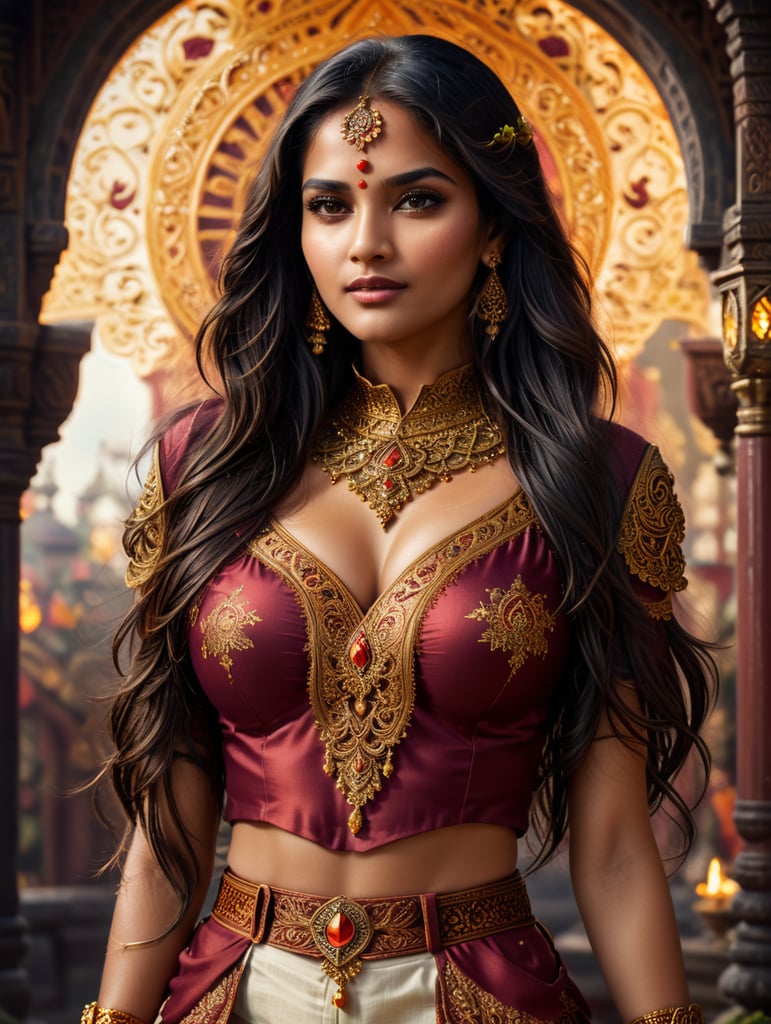 3D cartoon Disney character portrait render. A stunning Indian beauty, adorned in traditional Selvaar Kameej clothes, which accentuate her hourglass figure and graceful movements. Her long, black hair cascades down her back in gentle waves, framing her flawless, warm-toned complexion. Her piercing dark eyes seem to hold a world of wisdom and beauty, captivating the viewer instantly. She wears a sleeveless, off-white blouse with intricate embroidery at the neckline and cuffs, complemented by a pair of flowy, ankle-length pants in a rich shade of burgundy. The pants are fashioned from fine, silky material and feature intricate gold embroidery running along the hem, drawing attention to her slender legs. A thin gold belt accentuates her narrow waist, further enhancing her feminine figure. Around her head, she wears a bright orange and gold stole, draped artfully over her shoulders and cascading down her back. Jewelry adorns her ears, neck, wrists, and fingers, with a large, intricately designed gold pendant hang