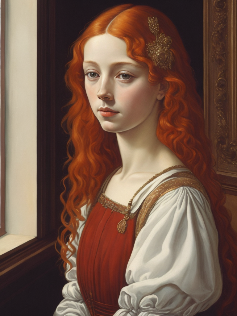 Portrait of a red-haired young girl in front of a window, vintage dress, 15th century, painting, oil, Italy, style of Sandro Botticelli, illustration,