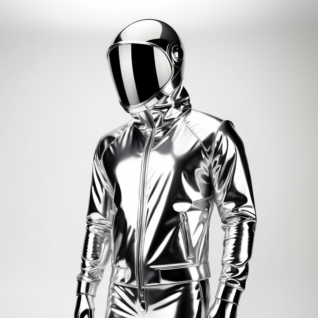 A realistic photo of a chrome shiny jacket on a invisible mannequin, coverall with reflective material, isolated, white background
