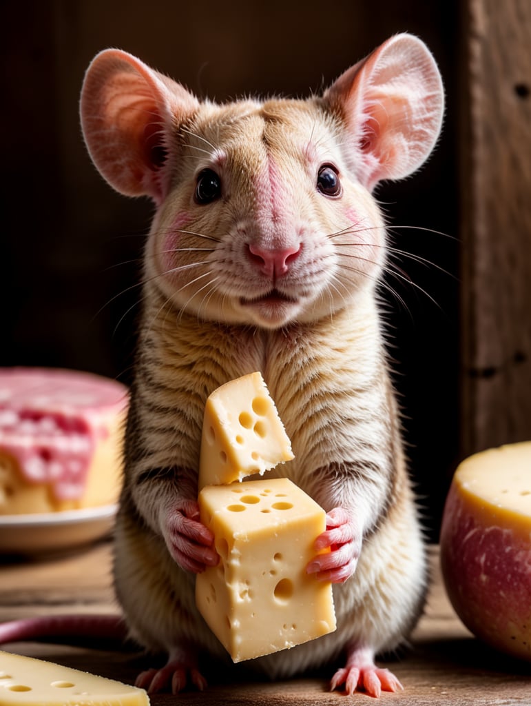 cute pink rat holding a cheese