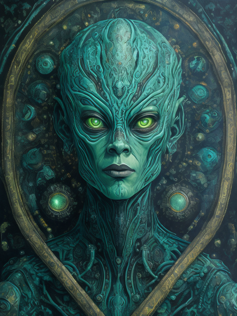 Portrait of an alien, batik, intricate details, surreal, Alien, Cyberpunk Trashcore Style, green and ice blue, s 1000