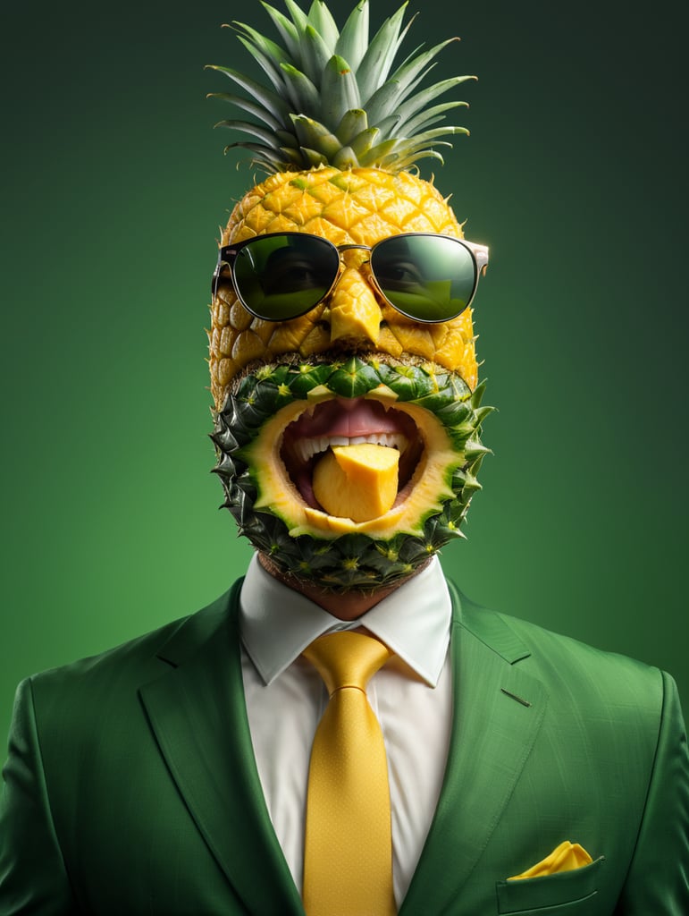 A man in a business suit with a pineapple for a head, green background, sunglasses, isolated