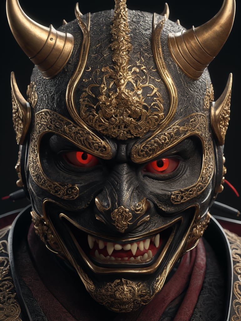 Ninja Samurai, Hannya mask, portrait, symmetric, extremely detailed mask, cinematic lighting, intricate filigree design, 8k, unreal engine, octane render