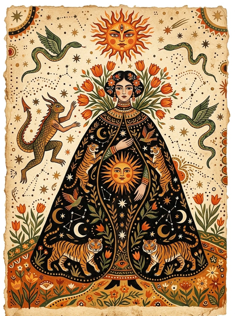 A surreal folk art illustration of a woman in a massive black cloak filled with painted tigers, stars, and a sun face. Lush orange tulips sprout from her collar against a textured parchment background containing flying green snakes, a fiery celestial face, and a leaping reptilian-human hybrid. Rendered in gouache with flat perspective and earthy warm tones.