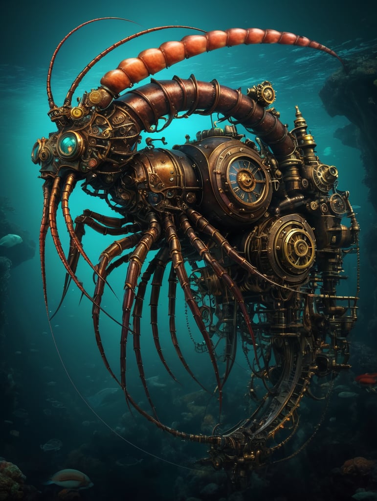 image beautiful steampunk unique artwork fantasy, steampunk style deep sea shrimp (Sergestes similis), skilled steampunk craftsmanship, isolate, deep ocean dark setting,