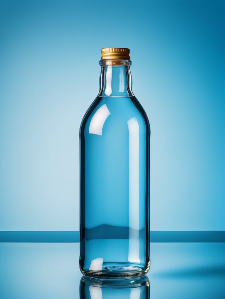 a transparent Glass Bottle, Empty, Clean, Clear, isolated, blue background