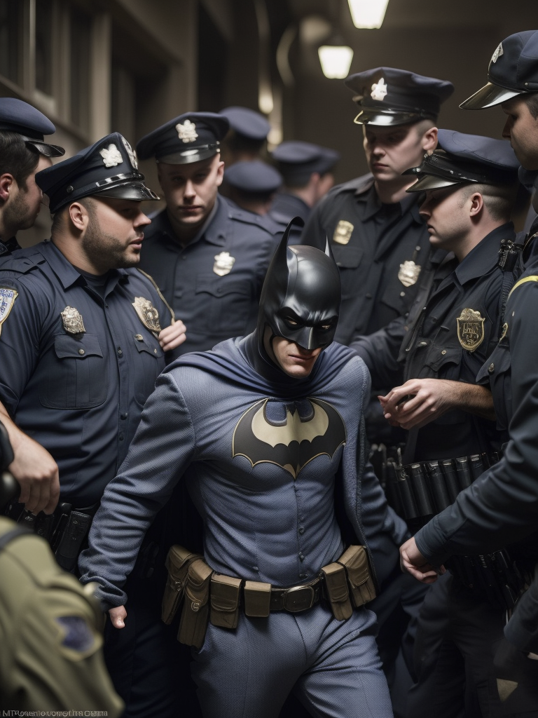 batman arrested by police in 1954, candid photo, in the style of weegee