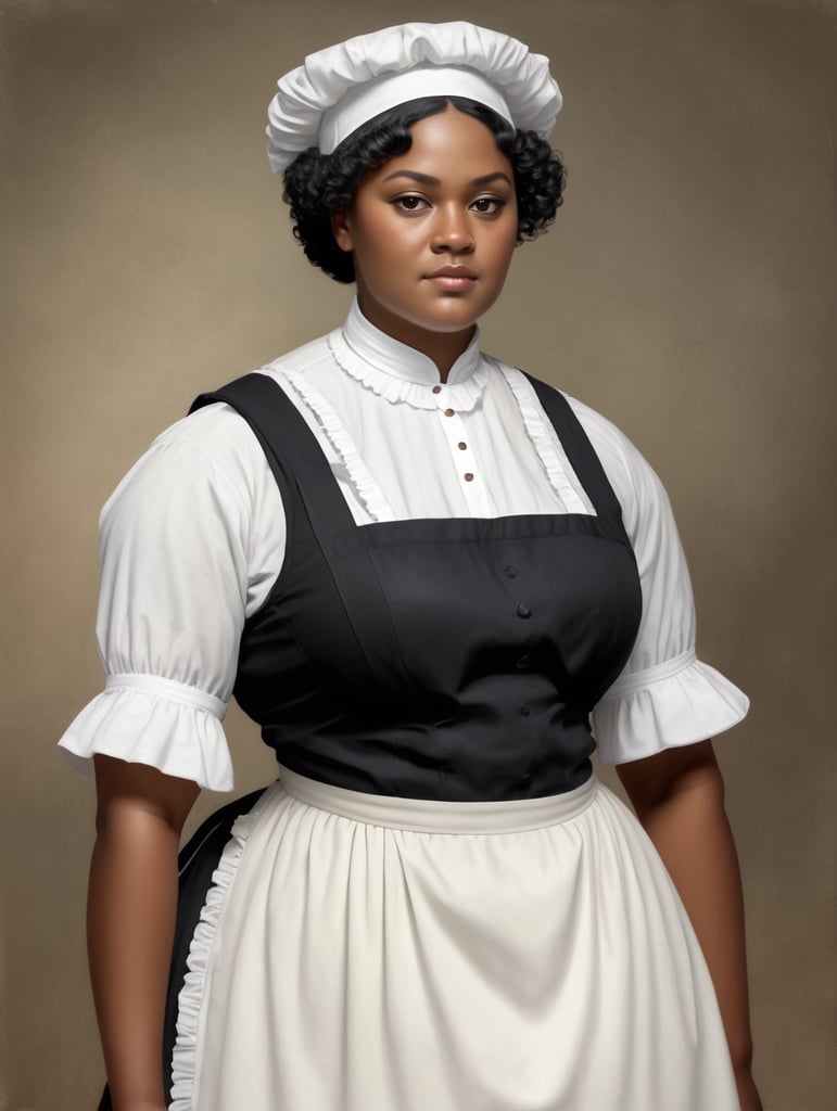 A victorian maid with tanned black skin , curly short black hair wearing long black uniform with white apron and cap in the 1800 century. Her face is of african origin.she has a chubby figure with big bra size