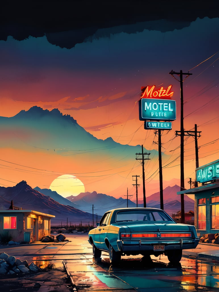 Motel located near the highway with a large neon sign, night, bright colors, contrasting shadows, deep dark atmosphere, tumbleweed, desert and mountains on the horizon, incredible details, sharp focus