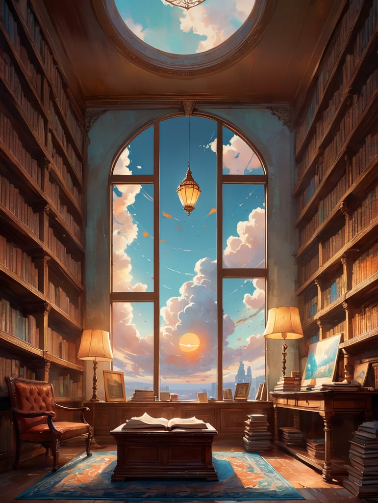 in a cozy library filled with warm light, A large open book sits on a wooden podium, its pages filled with stories waiting to be shared. Above them, fluffy white clouds hang in the air, symbolizing the cloud of ignorance being cleared away. This one frame scene captures the essence of "Clear the Clouds," a show dedicated to sharing flavored tales for the heart and mind, beginning with stories of inspiring Muslim heroes.