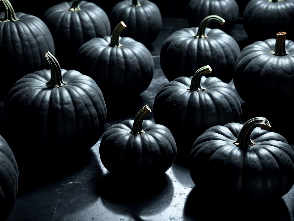 Black pumpkins on a black background 8k 50 pumpkins in view