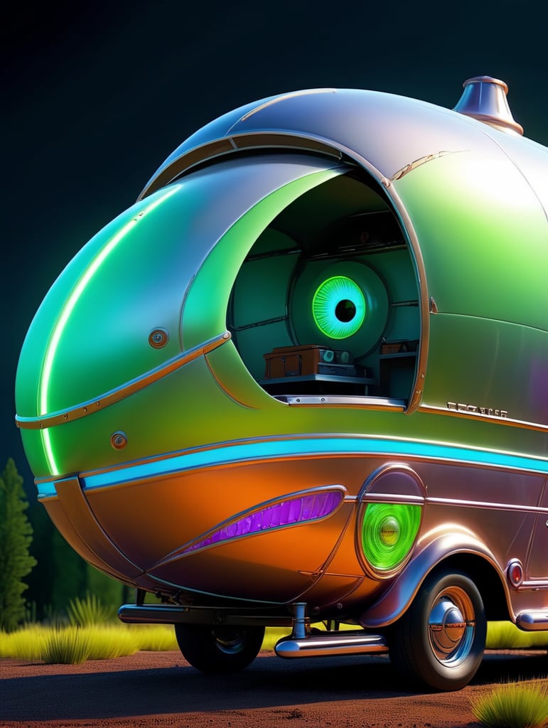 Futuristic alien Airstream camping trailers, steampunk and neon, cyber technology