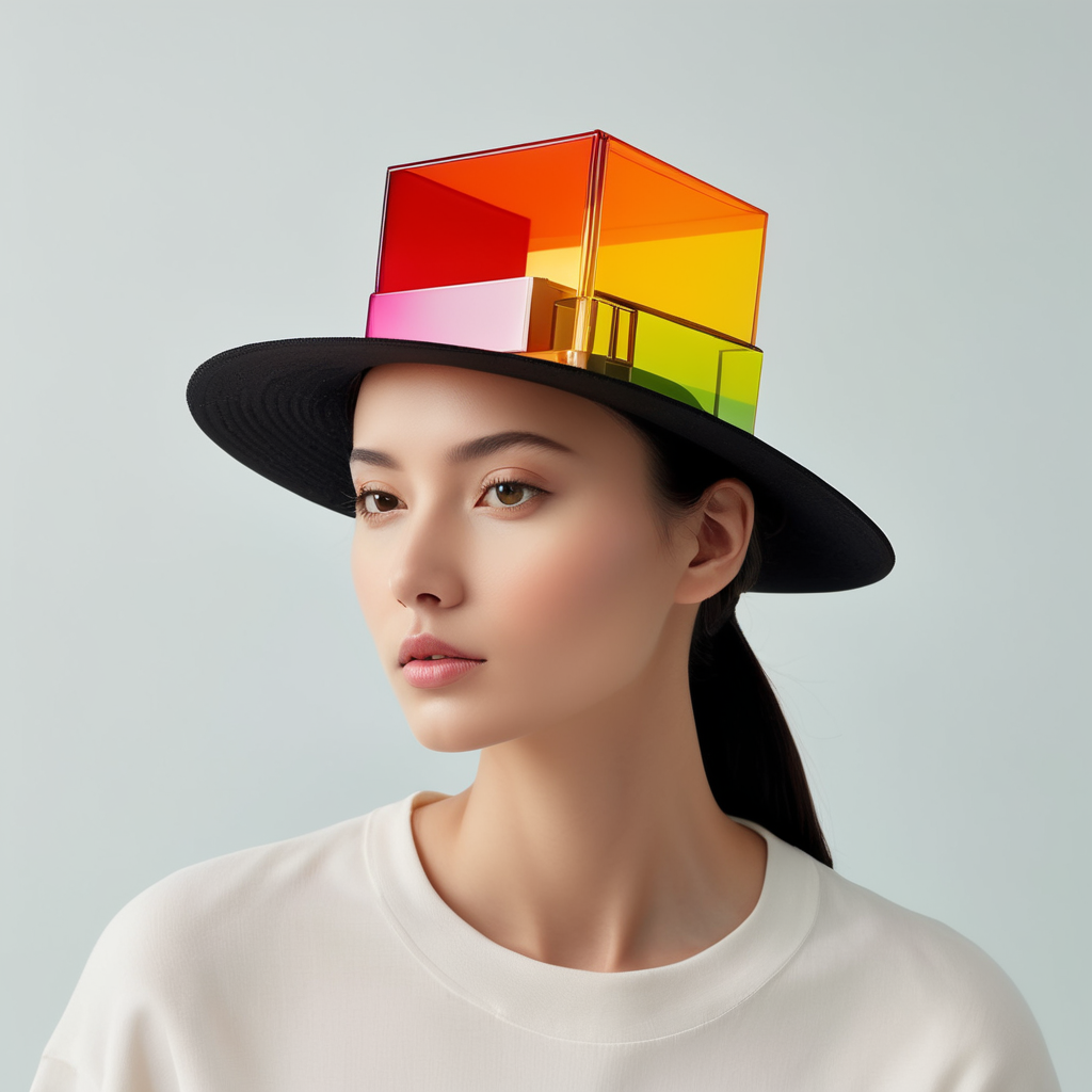 Una maqueta de una casa pequeña y minimalista de vidrio inspirada en la arquitectura de Luis Barragán con colores vibrantes y degradados. Colocada en un capelo