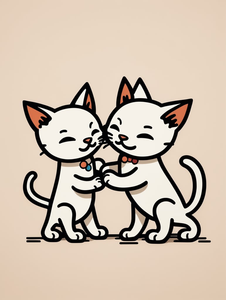 Simple figural illustration of a two kittens playing, solid color background, Keith Haring style graffiti, sharp illustrations, bold lines and solid colors, simple details, minimalism