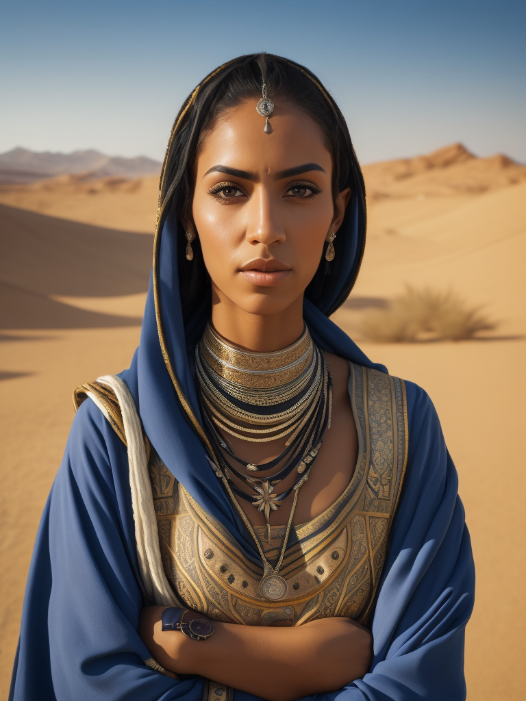 Portrait of an Arab woman with light tanned skin, braided hair, she has face tattoos and heavy silver necklace, she stands with crossed arms, vibrant ethnic blue clothes, National geographic style, desert in the background