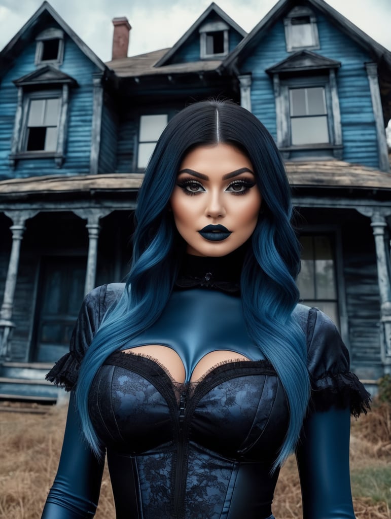 Kylie Jenner in a Halloween costume, scary makeup on her face, dark atmosphere, vintage style, blue and black colors, highly detailed photo, professional photo, against the backdrop of an old creepy house