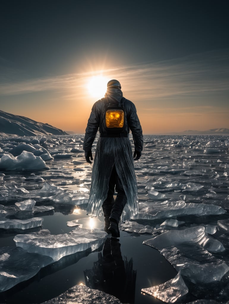 Homem de gelo translúcido caminhando na superfície do sol