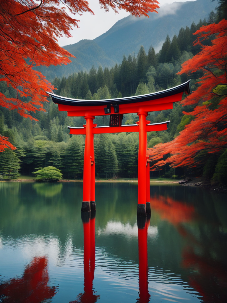 Red torii gate in middle of a lake, Dense forest on the edge of the lake, Bright and saturated colors, Japanese culture, photorealistic, contrast light