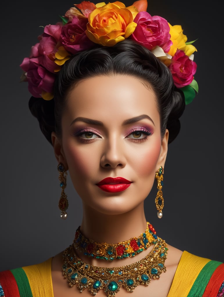 Portrait of Carmen Miranda, bright and saturated colors, elegant, highly detailed, vogue, fashion magazine, sharp focus, Bright expressive makeup, Dramatic Lighting, Depth of field, Incredibly high detailed, blurred background