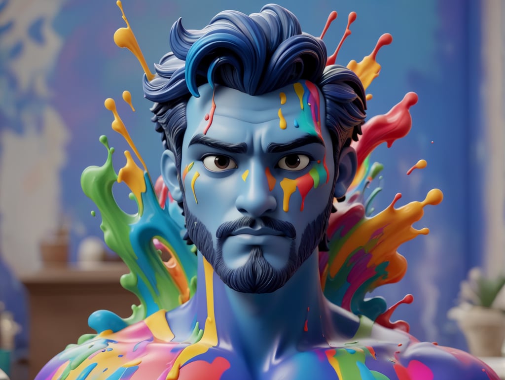greek male bust with colorful paint, melted, the paint is flowing, aesthetic background