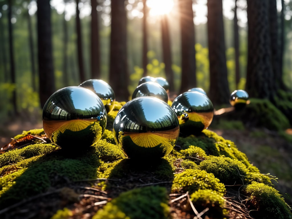 chrome round balls flying in the forest, no blur, sharp focus, cinematic lighting, epic scene