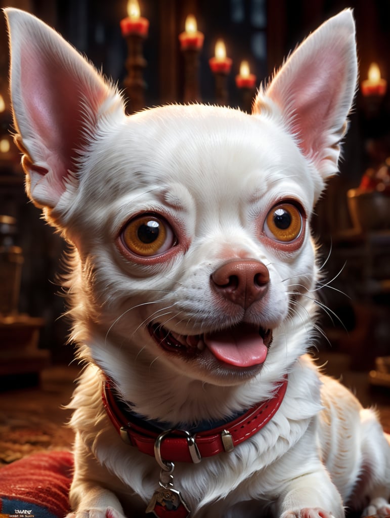 Disney poster of a red-and-white chihuahua with big eyes