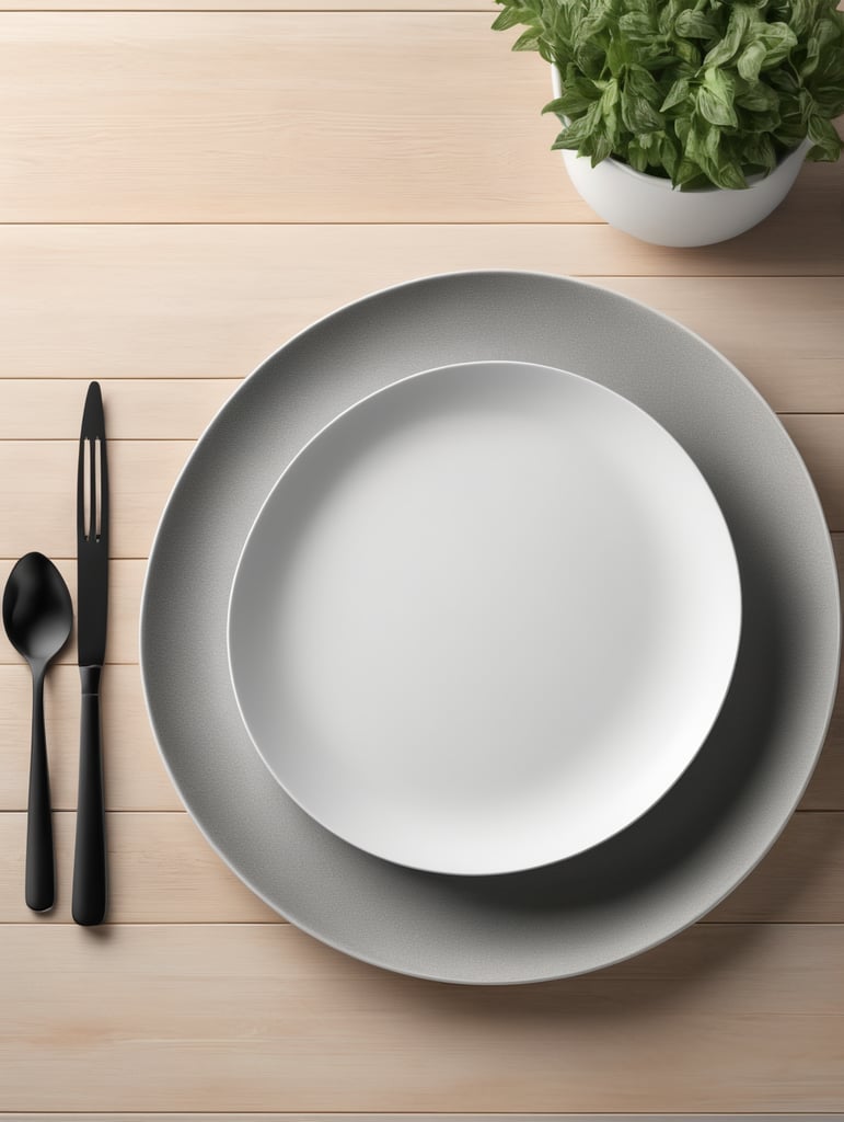 modern kitchen table, empty plate, mockup