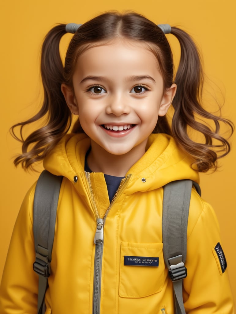 photo happy little girl going to travel, cute girl, dressed in all yellow, yellow background, harpers bizarre, cover, headshot, hyper realistic