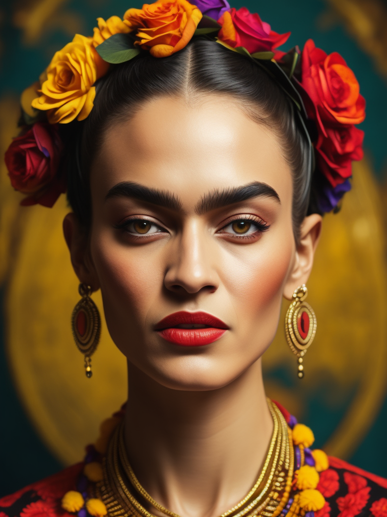 Portrait of Frida Kahlo, bright and saturated colors, elegant, highly detailed, vogue, fashion magazine, sharp focus, bright expressive makeup, dramatic lighting, depth of field, incredibly high detailed, blurred background