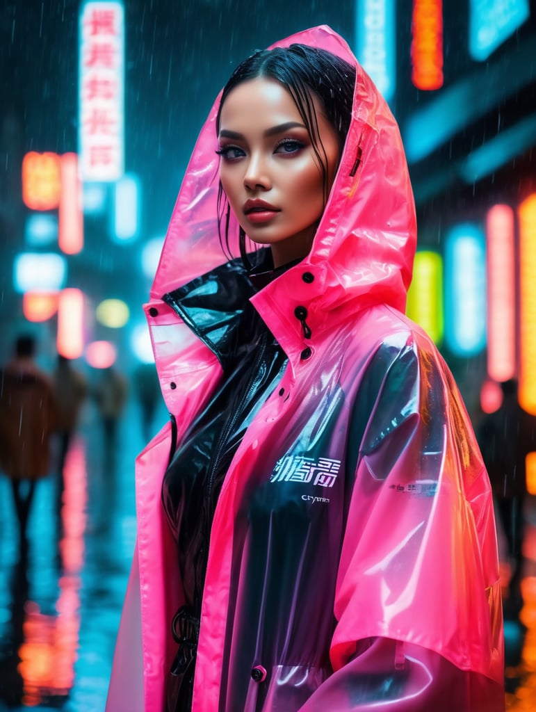 Portrait of A super model women wearing translucent raincoat, standing on a street under the heaviest rain, neon cyber city, dark night, neon signs,