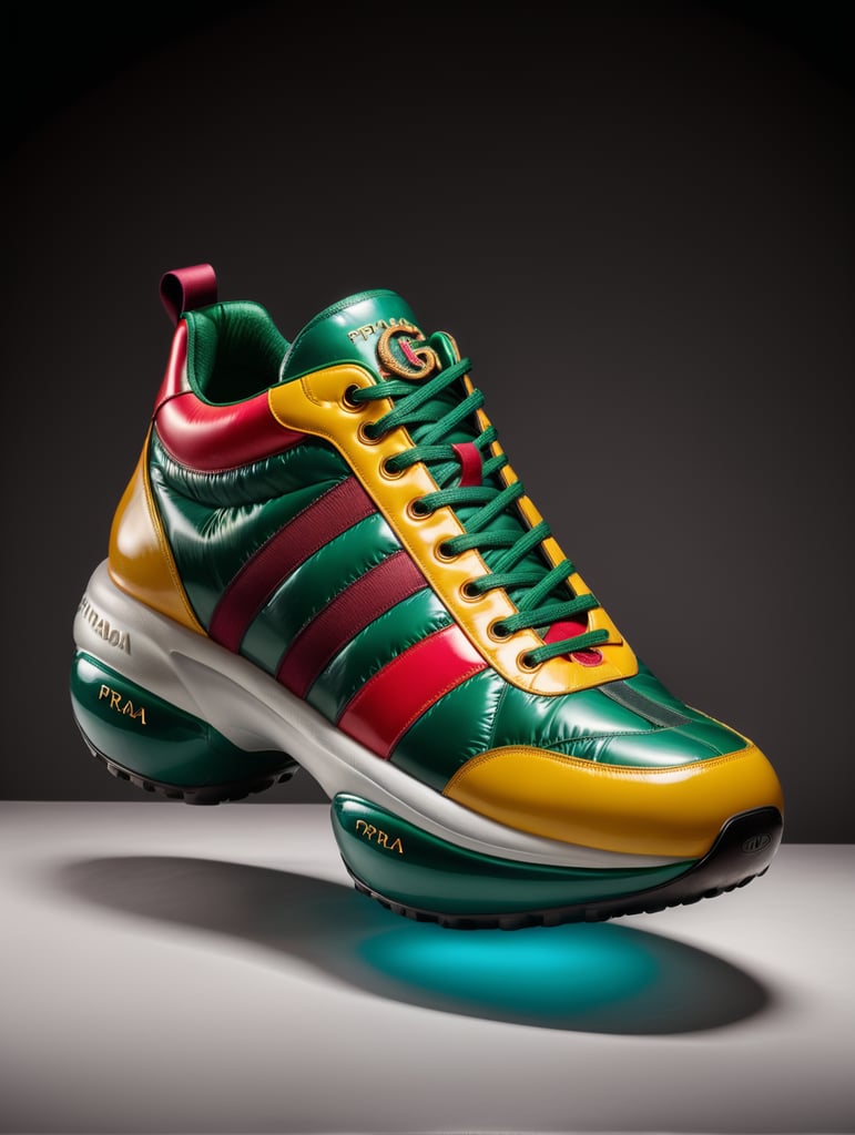 Inflatable shoes gucci like x prada, minimalism, modern, design collection, super minimal, isolated, saturated background