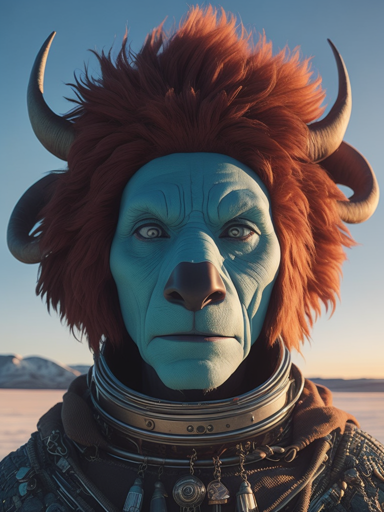 Screenshot from the film 2001 A Space Odyssey by Alejandro Jodorowsky, smiling viking Anthropomorphic buffalo creature in an ice desert North pole, Landscape photography, sunset northern lights, Wes Anderson photography, turquoise and pink white