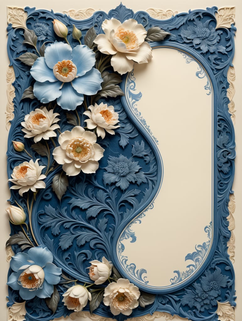 Two-tone blue ink on cream letterpress with Churchill and floral flamboyant frame design, blank space in center for text, in the style of William Morris